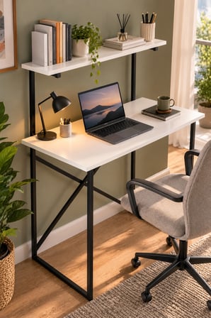 SuloraHome Raflı Çalışma Masası Beyaz ve Siyah Metal Ayaklı