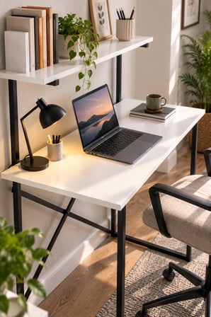 SuloraHome Raflı Çalışma Masası Beyaz ve Siyah Metal Ayaklı