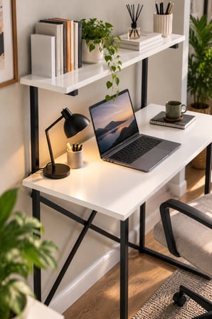 SuloraHome Raflı Çalışma Masası Beyaz ve Siyah Metal Ayaklı