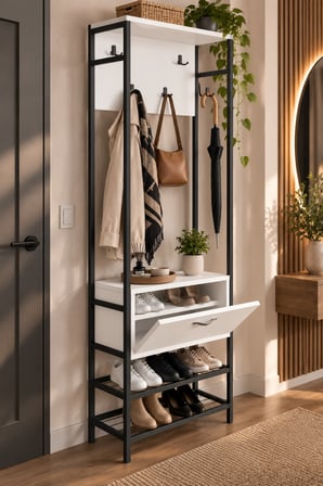 SuloraHome Metal Portmanto Beyaz ve Siyah Renklerde 180 cm Yükseklikte Ayakkabılıklı Vestiyer