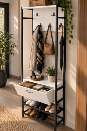 SuloraHome Metal Portmanto Beyaz ve Siyah Renklerde 180 cm Yükseklikte Ayakkabılıklı Vestiyer