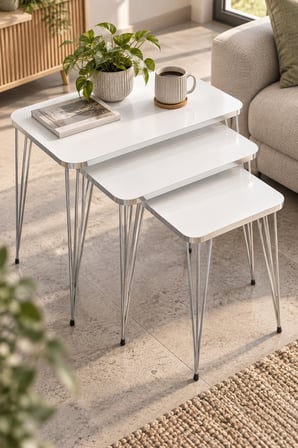 SuloraHome Gümüş Tel Ayaklı Beyaz 3'lü Zigon Sehpa Takımı