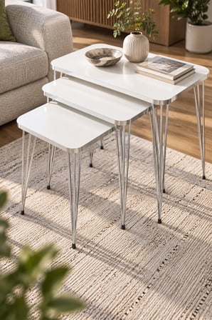 SuloraHome Gümüş Tel Ayaklı Beyaz 3'lü Zigon Sehpa Takımı