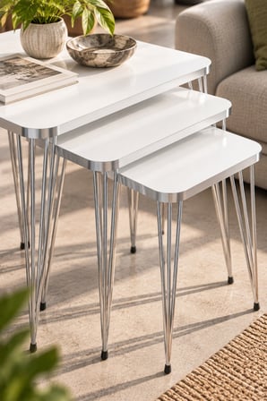SuloraHome Gümüş Tel Ayaklı Beyaz 3'lü Zigon Sehpa Takımı