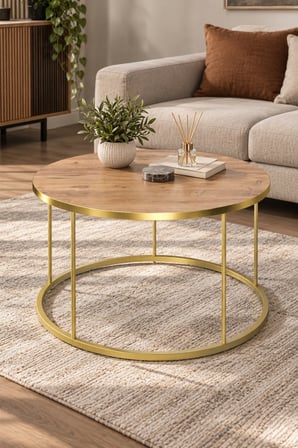 SuloraHome Gold Ayaklı Ceviz Desenli Yuvarlak Orta Sehpa