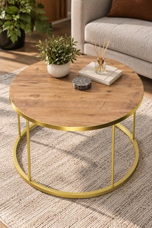 SuloraHome Gold Ayaklı Ceviz Desenli Yuvarlak Orta Sehpa