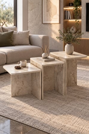 SuloraHome Orta Sehpa Zigon Sehpa 3'lü Yan Sehpa Modern Salon Sehpası Kare Orta Sehpa Liva 9258 Traverten