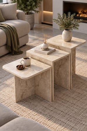 SuloraHome Orta Sehpa Zigon Sehpa 3'lü Yan Sehpa Modern Salon Sehpası Kare Orta Sehpa Liva 9258 Traverten