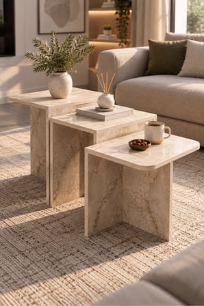 SuloraHome Orta Sehpa Zigon Sehpa 3'lü Yan Sehpa Modern Salon Sehpası Kare Orta Sehpa Liva 9258 Traverten