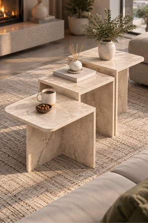SuloraHome Orta Sehpa Zigon Sehpa 3'lü Yan Sehpa Modern Salon Sehpası Kare Orta Sehpa Liva 9258 Traverten
