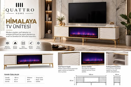 Himalaya Elektrikli Şömineli TV Ünitesi 180 cm Beyaz Gold Modern TV Sehpası
