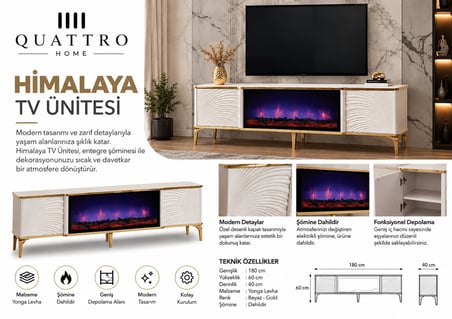 Himalaya Elektrikli Şömineli TV Ünitesi 180 cm Beyaz Gold Modern TV Sehpası