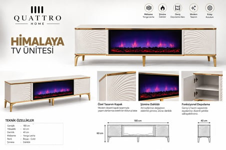 Himalaya Elektrikli Şömineli TV Ünitesi 180 cm Beyaz Gold Modern TV Sehpası