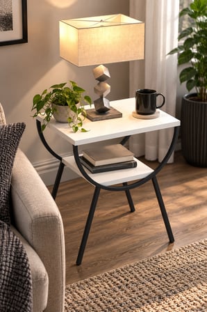 SuloraHome Metal Ayaklı Çift Raflı Beyaz Yan Sehpa ve Komodin