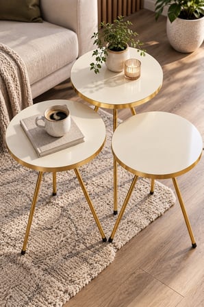 SuloraHome Gold Metal Düz Ayaklı 3'lü Zigon Sehpa Takımı Krem