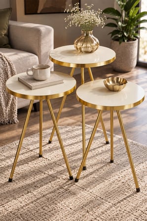 SuloraHome Gold Metal Düz Ayaklı 3'lü Zigon Sehpa Takımı Krem
