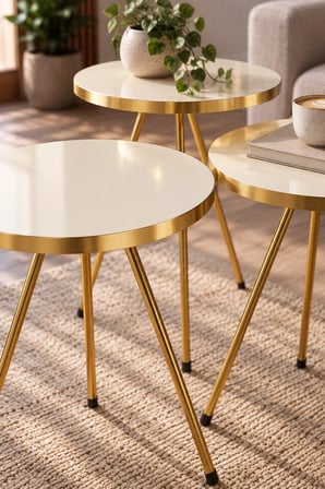 SuloraHome Gold Metal Düz Ayaklı 3'lü Zigon Sehpa Takımı Krem