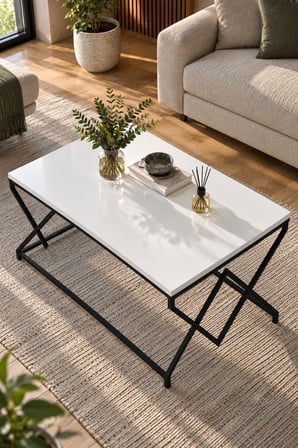 SuloraHome Beyaz Kare Orta Sehpa Siyah Metal Ayaklı