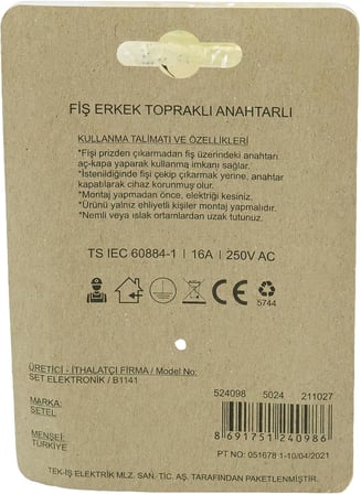 524098 Fişs Erkek Topraklı Anahtarlı, Beyaz