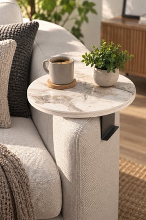 SuloraHome Ayarlanabilir Koltuk Yanı Tepsi Sehpa Beyaz Mermer Desenli