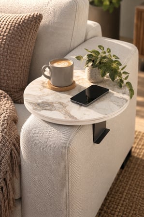 SuloraHome Ayarlanabilir Koltuk Yanı Tepsi Sehpa Beyaz Mermer Desenli