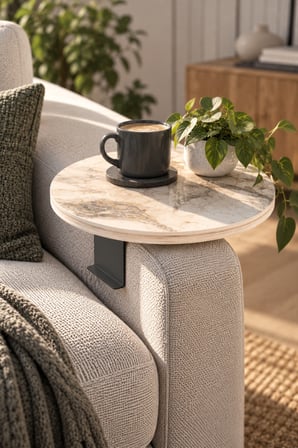 SuloraHome Ayarlanabilir Koltuk Yanı Tepsi Sehpa Beyaz Mermer Desenli