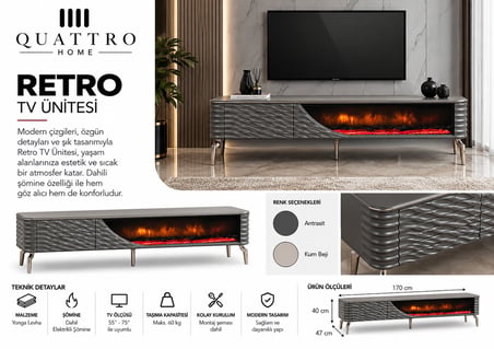 Retro Elektrikli Şömineli TV Ünitesi 170 cm Antrasit Krom Ayaklı Dalgalı Kapaklı Modern TV Sehpası