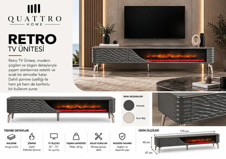 Retro Elektrikli Şömineli TV Ünitesi 170 cm Antrasit Krom Ayaklı Dalgalı Kapaklı Modern TV Sehpası