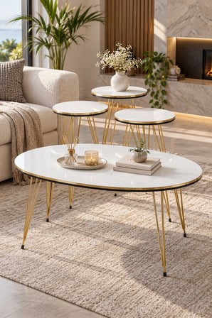SuloraHome Gold Tel Ayaklı Beyaz 4'lü Sehpa Seti