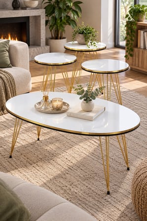 SuloraHome Gold Tel Ayaklı Beyaz 4'lü Sehpa Seti