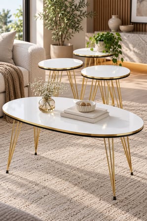SuloraHome Gold Tel Ayaklı Beyaz 4'lü Sehpa Seti