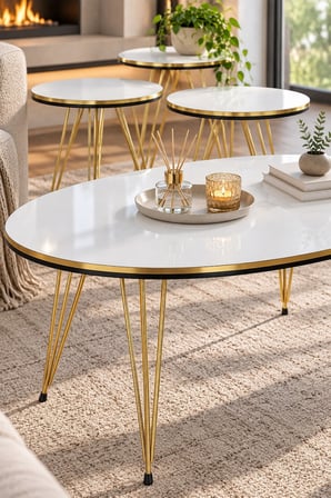SuloraHome Gold Tel Ayaklı Beyaz 4'lü Sehpa Seti