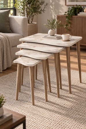 SuloraHome 4'lü Kare Zigon Sehpa Takımı Efes Beyaz Mermer Desenli