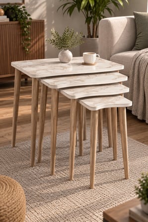 SuloraHome 4'lü Kare Zigon Sehpa Takımı Efes Beyaz Mermer Desenli