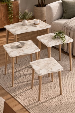 SuloraHome 4'lü Kare Zigon Sehpa Takımı Efes Beyaz Mermer Desenli
