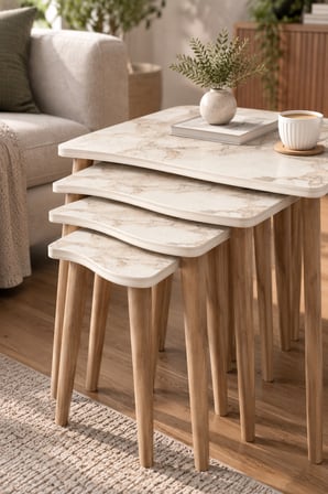 SuloraHome 4'lü Kare Zigon Sehpa Takımı Efes Beyaz Mermer Desenli