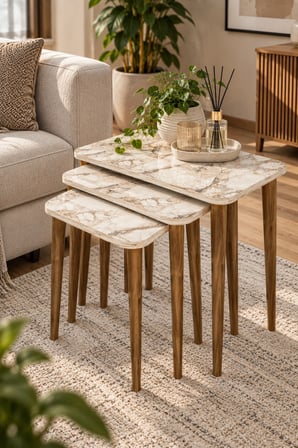 SuloraHome 3'lü Dikdörtgen Zigon Sehpa Takımı Efes Beyaz Mermer Desenli