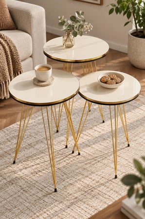 SuloraHome 3'lü Gold Tel Zigon Sehpa Takımı Krem Bej