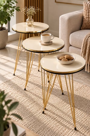 SuloraHome 3'lü Gold Tel Zigon Sehpa Takımı Krem Bej