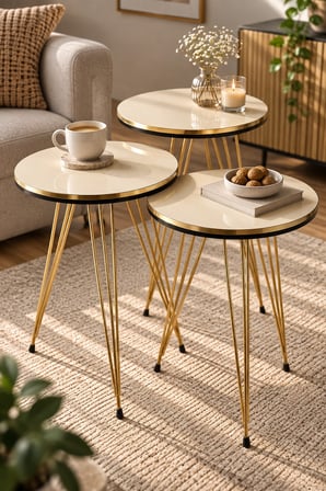 SuloraHome 3'lü Gold Tel Zigon Sehpa Takımı Krem Bej