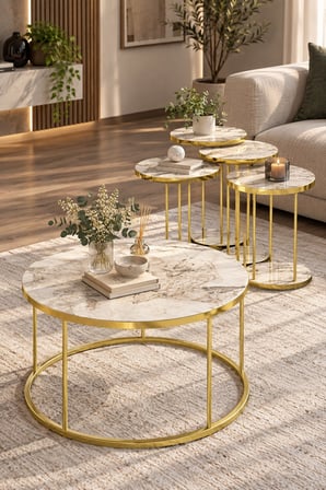 SuloraHome Efes Beyaz Mermer Desenli Gold Metal Ayaklı 4'lü Sehpa Seti
