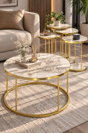 SuloraHome Efes Beyaz Mermer Desenli Gold Metal Ayaklı 4'lü Sehpa Seti