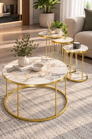 SuloraHome Efes Beyaz Mermer Desenli Gold Metal Ayaklı 4'lü Sehpa Seti