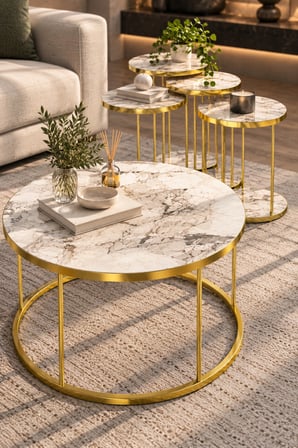 SuloraHome Efes Beyaz Mermer Desenli Gold Metal Ayaklı 4'lü Sehpa Seti