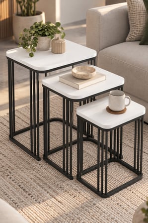 SuloraHome 3'lü Beyaz Kare Zigon Sehpa Seti Metal Ayaklı
