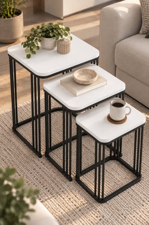 SuloraHome 3'lü Beyaz Kare Zigon Sehpa Seti Metal Ayaklı