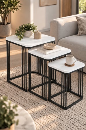 SuloraHome 3'lü Beyaz Kare Zigon Sehpa Seti Metal Ayaklı