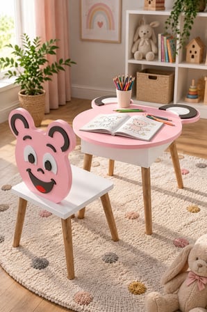 SuloraHome Happy Face Çocuk Masa ve Sandalye Seti Pembe