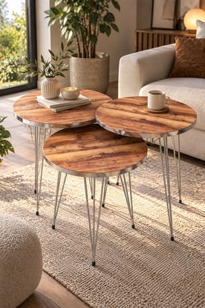 SuloraHome Gümüş Tel Ayaklı Ceviz Desenli 3'lü Zigon Sehpa Takımı