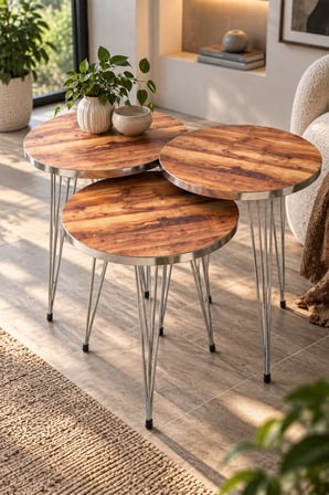 SuloraHome Gümüş Tel Ayaklı Ceviz Desenli 3'lü Zigon Sehpa Takımı